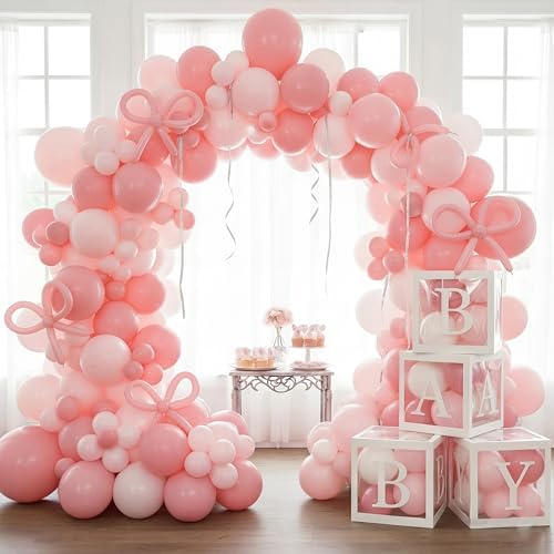 170Pcs Coquette Pink Bow Baby Shower Decorations for Girl - Soft Pink Balloon Arch Garland Kit with 4 Baby Boxes - DIY Long Balloons for Bows, Princess Birthday Party Supplies, Gender Reveal - Image 5