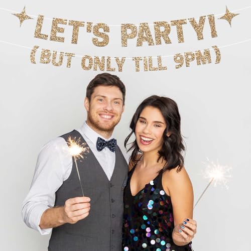 Pre-Strung Let's Party But Only Till 9 PM Banner - Gold Glitter Bday Banner - Image 6