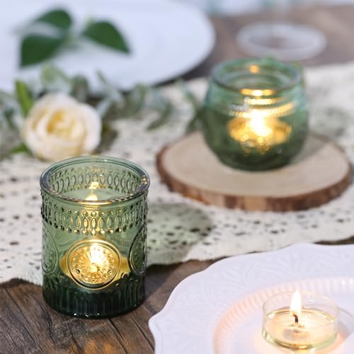 DARJEN 12Pcs Green Votive Candle Holders - Glass Tea Light Candle Holder for Wedding Shower, Candle Holder Bulks for Wedding & Home Table Decor, Vintage Parties Gifts - Image 2