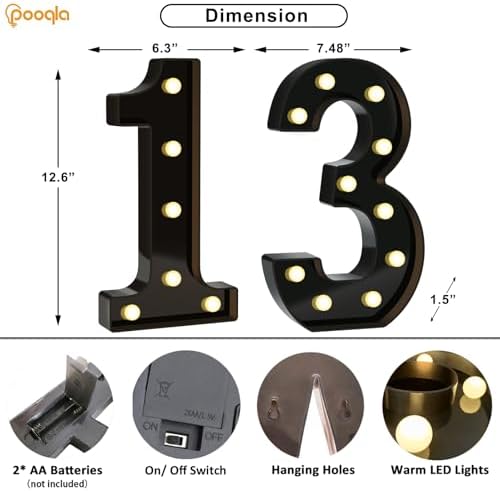 Pooqla 13th Birthday Decorations for Boys, Large Black Light Up Numbers - Image 4