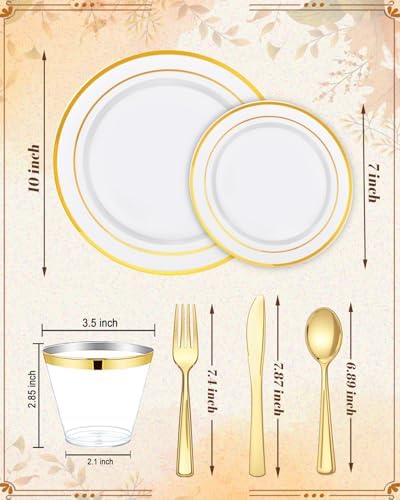 bUCLA 600Pcs Gold Plastic Plates - White Gold Dinnerware Set Disposable - Include 100 Dinner&Dessert Plates,100 Cups,100 Forks,100 Spoons,100 Knives for Party, Thanksgiving, Fall Harvest & Autumn - Image 2