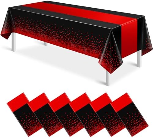 MASHAN 6Pcs Black and Red Tablecloth Party Decorations,Plastic Black Table Cloth Printed Red Table Runner Disposable Rectangle Cover for Birthday Weeding Anniversary Graduation Party,54 x108 Inch by MASHAN