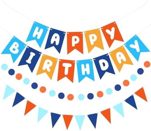 Blue Orange Happy Birthday Banner Hanging Sign Circle Dot Triangle Bunting by Unknown
