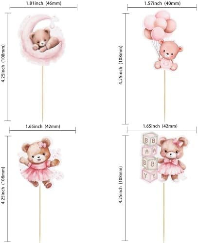 Gyufise 32Pcs Baby Shower Bear Cupcake Toppers Moon Baby Bear Baby Shower Cake Topper Decorations Jungle Animal Theme Birthday Party Cake Supplies Blue Pink - Image 2