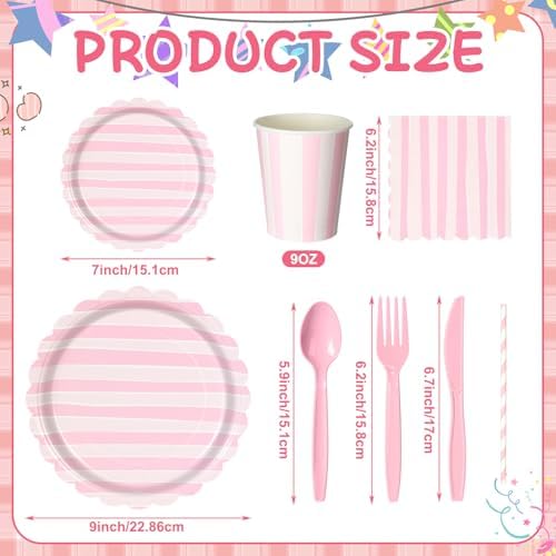 Potchen 220 Pcs Pastel Stripe Plate Party Decor Supplies for 24 Guest - Image 2