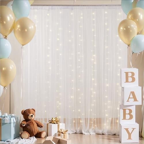 30x8ft White Tulle Backdrop Curtain with Lights String for Parites, Sheer Backdrop Curtains for Wedding Baby Shower Birthday Party Photo Shoot Decorations - Image 2