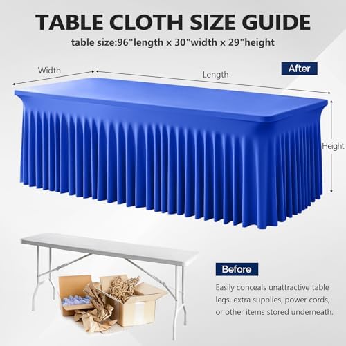 Wish Care 2 Pack Royal Blue Spandex Table Clothes for 8 Foot Rectangle Tables, 8FT Wrinkle Free Fitted Tablecloths Ruffles Design Table Cloth for Party, Banquet, Wedding and Events - Image 4