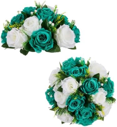 BLOSMON Teal Flowers Ball Decorations: 2 Pcs Fake Roses Table Centerpiece by Blosmon