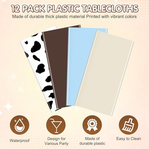12 Pack Cowboy Baby Shower Plastic Tablecloth for Rectangle Tables, Cow Print Western Disposable Table Cover, Blue Rustic Table Cloth for Western Farm Cowboy My First Rodeo Baby Shower Party Decor - Image 3