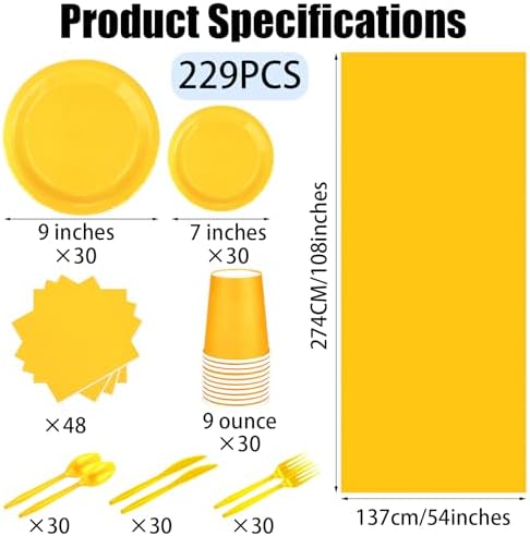 229PCS Yellow Party Supplies Set Disposable Paper Plates Cups - Image 2