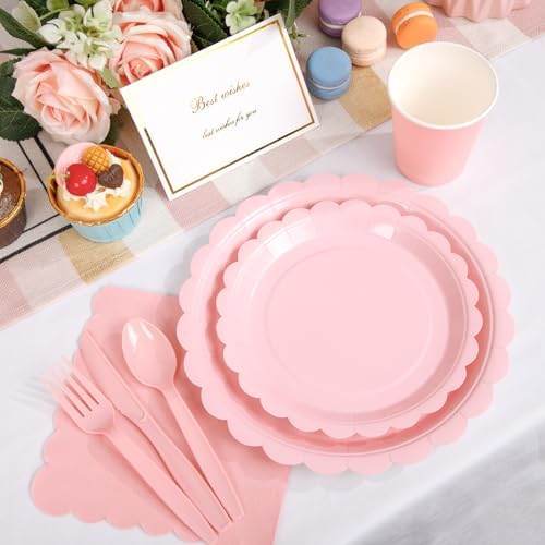 LIYH 350 Pcs Pink Paper Plates and Napkins - 50 Guest Light Pink Party Supplies Include Scalloped Plates Cups Plastic Spoons Forks Knives for Baby Shower Birthday Party - Image 3