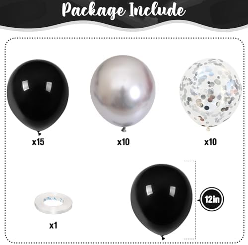 Black and Silver Balloons, 12 Inch Metallic Chrome Black Silver Confetti Latex Helium Balloons for Men Boys Birthday Baby Shower Wedding Engagement Halloween New Year Bachelorette Party Decorations - Image 2