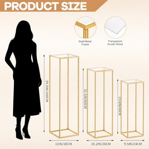 3PCS Square Metal Pedestal Stands, Gold Display Columns for Party Decorations, Wedding Cake Table Stands with Removable Acrylic Top, Sturdy Iron Nesting Riser for Flowers, Vases, and Dessert Displays (23.6", 31.5", 39.3" Heights) - Image 2