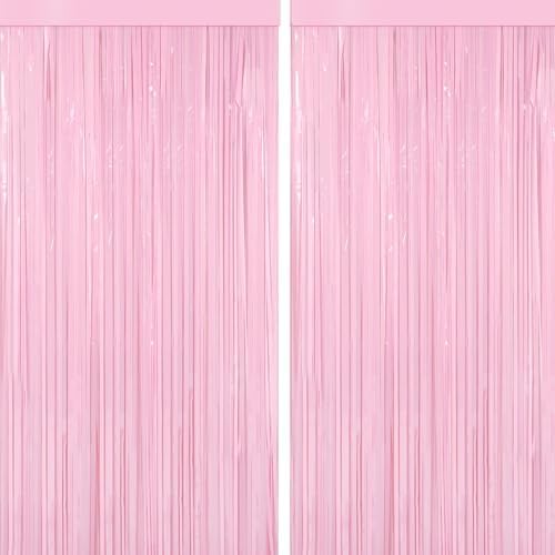 4 Packs Pastel Pink Foil Fringe Curtain, Baby Pink Metallic Tinsel Backdrop for Birthday, Wedding, Baby Shower, Princess Bachelorette Cowgirl Bow Party Decorations Supplies by BSRESIN