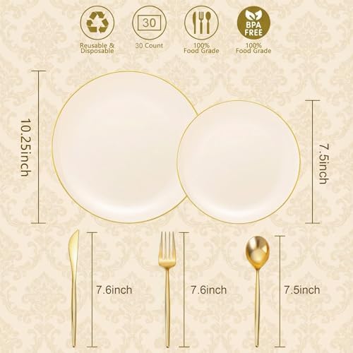 I00000 150Pcs Ivory Plastic Plates, Fancy Gold Plastic Plates Set for Party - Image 3