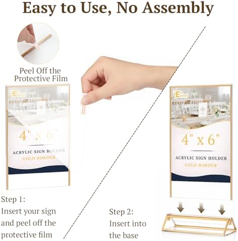 EHWINE 2 Pack Acrylic Sign Holder 4 x 6, Double Sided Gold Picture Frame Stand up Table Top Sign Holders, Clear Display Stand Menu Flyer Holder for Wedding Party - Image 6