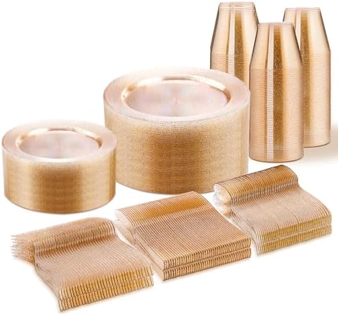 WELLIFE Gold Glitter Disposable Plates, Dinnerware Set for 50 Guests by WELLIFE