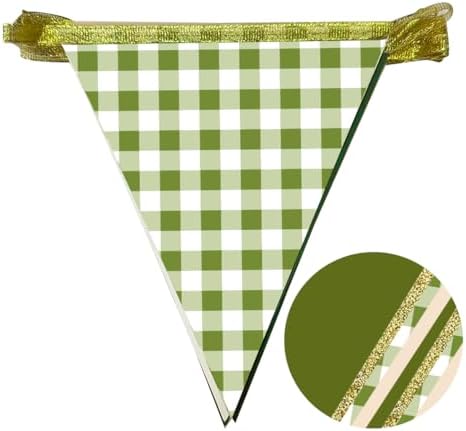 Sage Green Gold Buffalo Plaid Pennant Banner Flag Olive Green Gold Hanging Glitter Paper Triangle Bunting for Birthday Wedding Shower Safari Jungle Woodland Neutral Party Decorations Supplies - Image 3