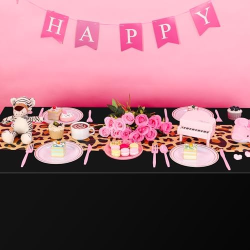 Buryeah 3 Pcs 54 x 108'' Plastic Disposable Leopard Tablecloth, Black - Image 6