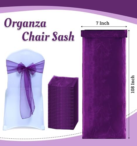 MDS Pack of 25 Organza Chair Sashes for Wedding & Event Décor – Dark Purple - Image 3