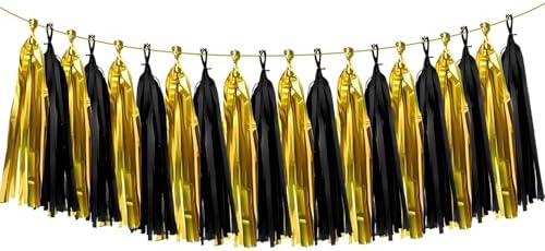 ZOOYOO Shiny Tassel Garland Tissue Paper Tassel Banner Table Decor,DIY Kits for Birthday,Wedding,Bridal Shower,Bachelorette,Graduation,Anniversary,New Year Party Decorations,Pack of 20(Black Gold) by ZOOYOO