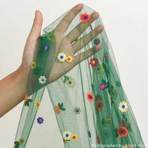 Artoid Mode Dark Green Embroidery Daisy Gauze Table Runner 120 Inch 10FT - Image 6