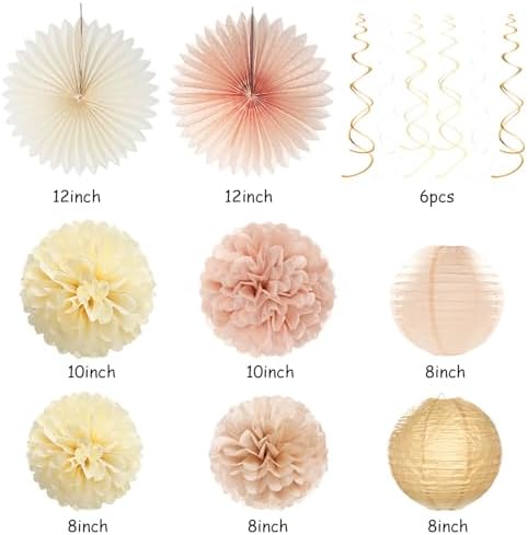 Champagne-Gold Beige 21st Happy-Birthday Party-Decorations - 31pcs Sweet 16 18th Women Girls Paper Lanterns Streamers Banner,Tissue Pom Poms Fans Tassels Graland Decor,Fall Boho Rose Backdrop Hugmoon - Image 4