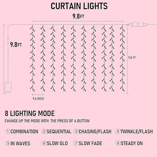 Dazzle Bright 300 LED Curtain String Lights, Valentine's Day Fairy Lights for Bedroom with 8 Lighting Modes, Connectable Waterproof Window Lights Party Wedding Garden Wall Christmas Decor, Pink - Image 2