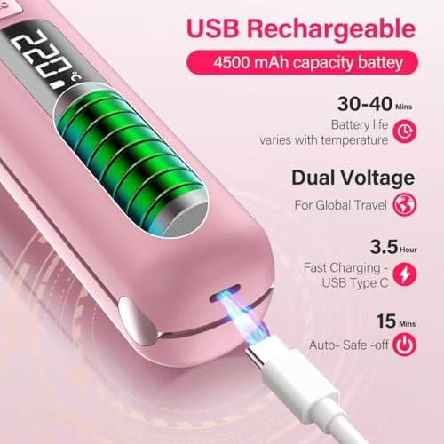 Cordless Hair Straightener and Curler 2 in 1, Mini, Lightweight and Small,USB Rechargeable with 4500mAh Battery, 10s Fast Heating, Portable Ceramic Flat Iron for Travel (Light Pink) - Image 3