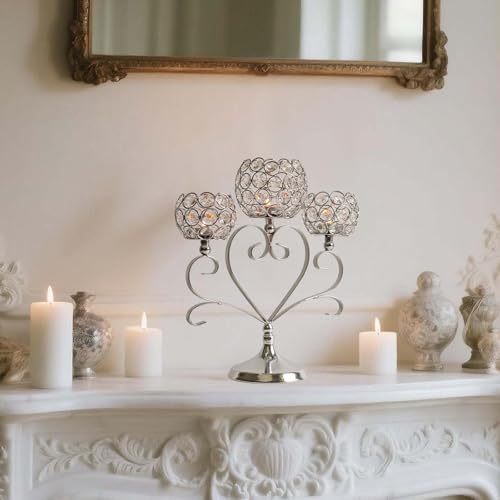 6 Pcs Silver 3-Arm Heart Tea Light Candle Holder - Crystal & Metal Wedding Centerpiece Decor, Sparkling Table Decor for Anniversaries/Romantic Tabletop Home/Dinner Party/Events - Image 4