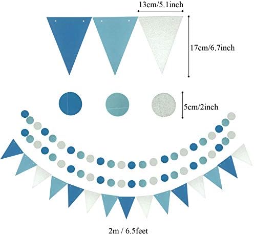 ZERODECO Party Decoration, 21 Pcs Blue Hanging Paper Fans, Pom Poms Flowers, Garlands String Polka Dot and Triangle Bunting Flags for Boy Birthday Parties, Bridal Showers, Baby Showers, Wedding - Image 5