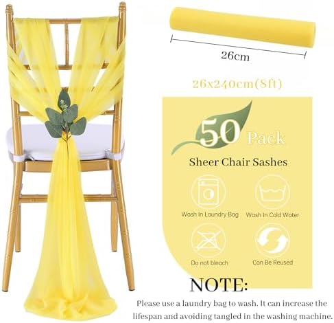 Yellow Chair Sashes Wedding Aisle Decorations: 50 Packs 8ft Long Draping Fabric Sheer Church Chair Cover Bulk for Party Banquet - Image 7