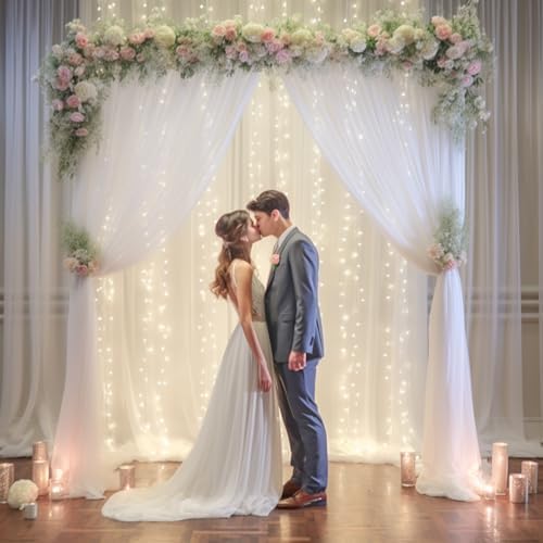 20x10ft White Tulle Backdrop Curtain with Lights String for Parites, Sheer Photo Backdrop Curtains with Lights for Wedding Backdrop Ceremony Reception Bridal Shower Baby Shower Birthday Party - Image 3