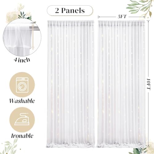 10ft x 10ft White Backdrop Curtain with Lights String for Parties, Sheer Tulle Wedding Photo Backdrops Drapes for Baby Shower Birthday Party Decorations Background for Photography - Image 6