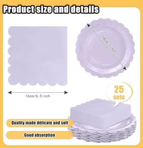HEIPINIUYE 50 Pcs Light Purple Paper Plates and Napkins Party Supplies Include 7'' Lavender Scalloped Plates and 6.5'' Paper Napkins Disposable Tableware Set for Wedding Birthday Party (Serves 25) - Image 3