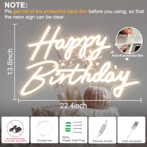 Happy Birthday Neon Sign, 22.4"x13.8" Happy Birthday Sign for Birthday Party Decor, Happy Birthday Light Up Led Signs for Backdrop, Neon Birthday Sign for Any Ages Bday Celebration, Warm White DIVATLA - Image 2