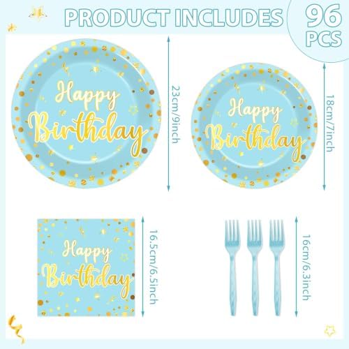 CHUNNIN 96PCS Blue Happy Birthday Plates and Napkins Happy Birthday Party Decorations Light Blue and Gold Dessert Plates Tableware for 24 Guests Kids Party Supplies - Image 2