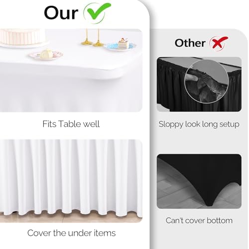 Wish Care 8 Pack White Spandex Table Clothes for 8 Foot Rectangle Tables, 8FT Wrinkle Free Fitted Tablecloths Ruffles Design Table Cloth for Party, Banquet, Wedding and Events - Image 6