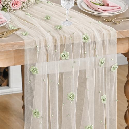 Artoid Mode Sage Green Flower Pearl White Gauze Table Runner 10FT, Seasonal Sheer Dining Holiday Wedding Birthday Baby Shower Table Decor for Home Party by ArtoidMode
