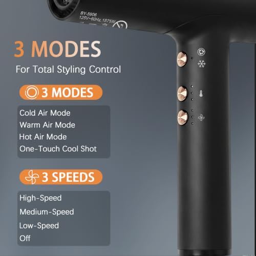 Hair Dryer with Diffuser - 1875W Blow Dryer, 110,000 RPM Fast Drying, 500 Million Negative Ions, 3 Speeds & 3 Heat Settings, Cool Shot, Lightweight & Quiet Design for Women Men Travel Home - Image 3