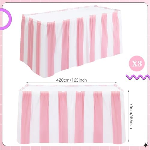 Remagr 3 Pack Pink Carnival Table Skirt Party Decorations Pink and White Striped Table Skirts Disposable Carnival Decorations for Circus Party Decor Wedding Baby Shower Supplies, 29" x 14 ft - Image 2