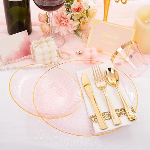 Rubtlamp 175 Pcs Pink Plastic Plates Dinnerware Set (25 Guests), Pink Disposable Plates With Gold Rim, Hammered Party Platos Set Include Dinner Plates, Dessert Plates, Cups, Cutlery for Party - Image 6