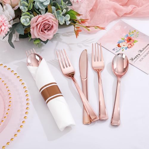 Supernal 100pack Pre Rolled Rose Gold Plastic Silverware with Napkins - Image 4