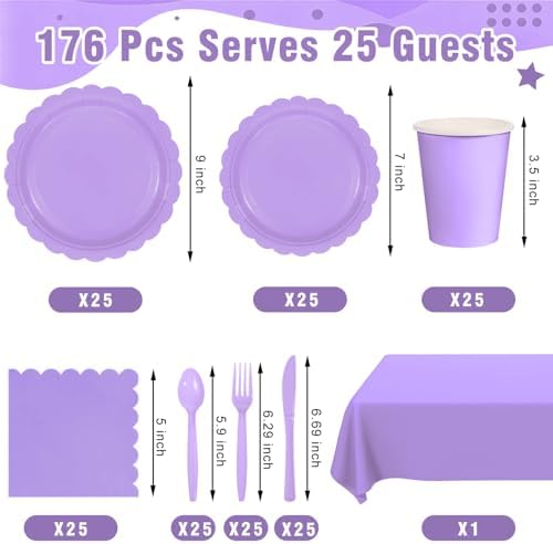 176 PCS Purple Party Decorations - Light Purple Scalloped Plates, Napkins, Cups, Cutlery, Tablecloth for Baby Shower, Wedding, Lavender Birthday Decorations, Serves 25 - Image 2