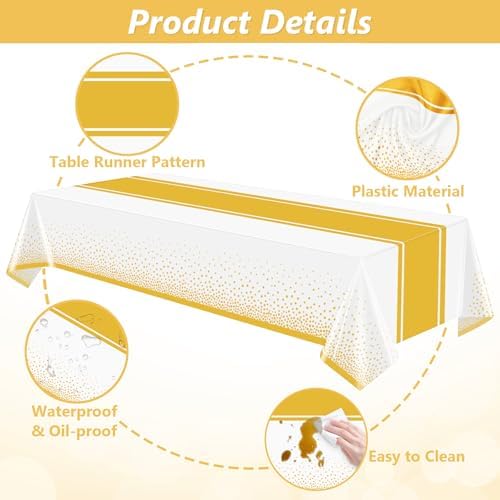 LANLISA White and Gold Tablecloth Party Decorations 2 Pack, Disposable Plastic Table Cloths for First Communion Birthday Wedding Baby Bridal Shower Party Decor - Image 5