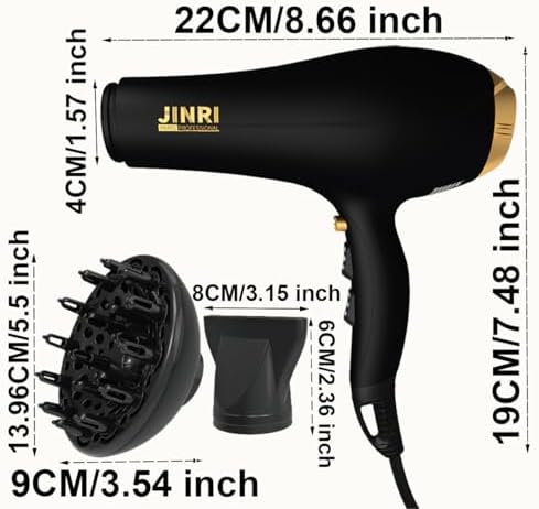 Hair Dryer - JINRI 2000W Diffuser Blow Dryer for Salon & Personal Use – Powerful, Fast Drying with Diffuser & Nozzle for Women & Men, ALCI Safety Plug, Black - Image 2