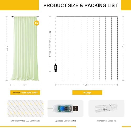 Tulle Curtain Backdrop with 300 LED Fairy Lights for Parites Wrinkle-Free Sheer Curtain Drapes Photo Back Drop for Wedding Baby Shower Bridal Shower Birthday Home Décor - 10ft×10ft, Sage Green - Image 3