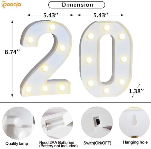 Pooqla 20th Birthday Decorations for Her Him, Light Up Number 20 for Party Table Decorations, 20th Birthday Gift for Women Men, Backdrop Wall Decor for 20th Wedding Anniversary Decoration - Image 4