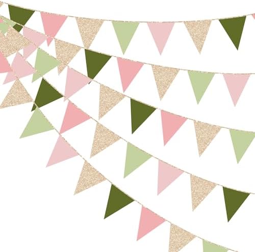 Sage Green Dusty Rose Pink Champagne Gold Pennant Banner Flag Hanging Glitter Paper Triangle Bunting for Jungle Safari Woodland Themed Birthday Wedding Wild Party Decorations Supplies by pinkblume