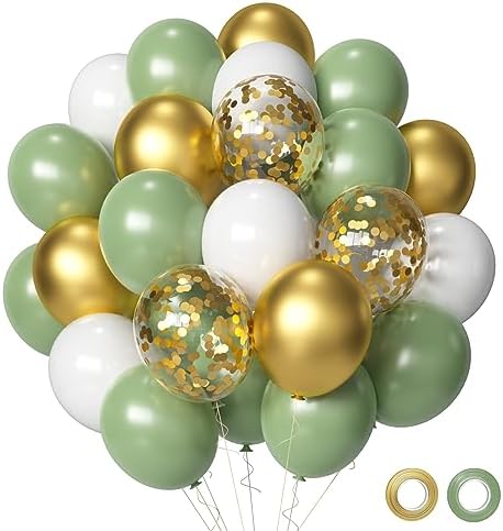 Sage green Balloons, 50Pcs 12 inch Sage Green Gold Confetti Party Balloons by Aiwolf
